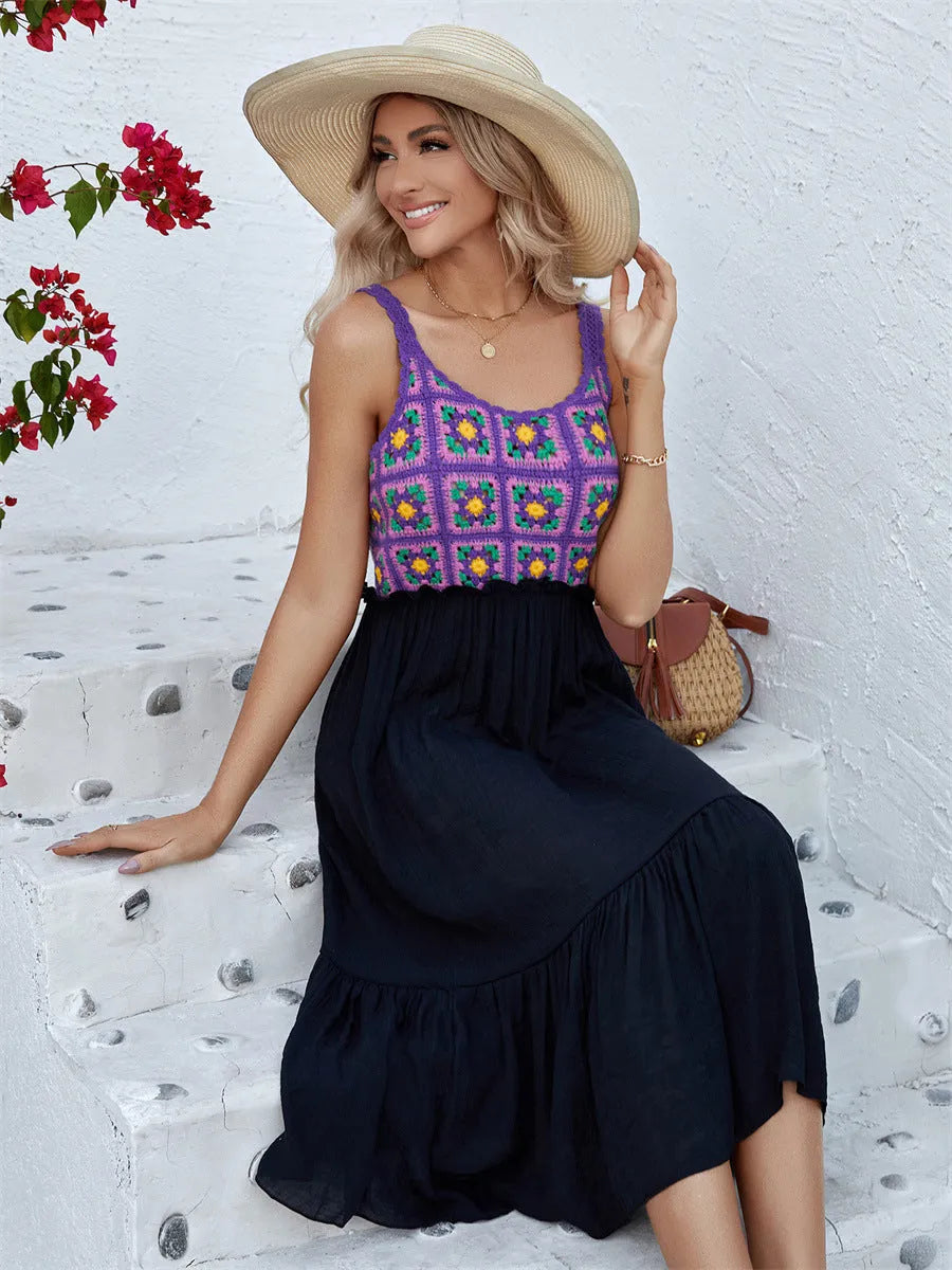 Purple women's sleeveless dress with hand-hooked white floral embroidery, shown with a separate acrylic skirt.