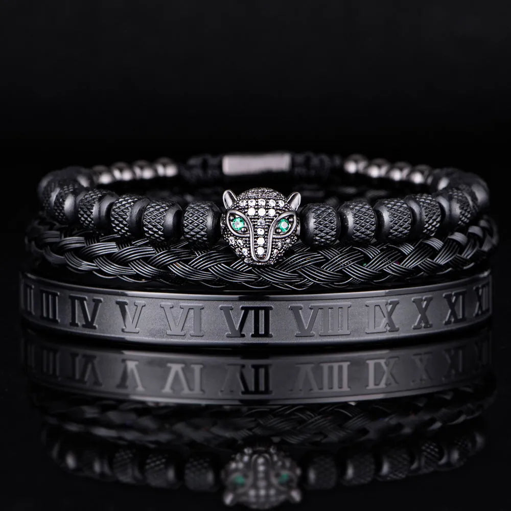 Titanium steel leopard head mesh bracelet with pineapple pearl Roman detailing, unisex simple style, black diamond colour