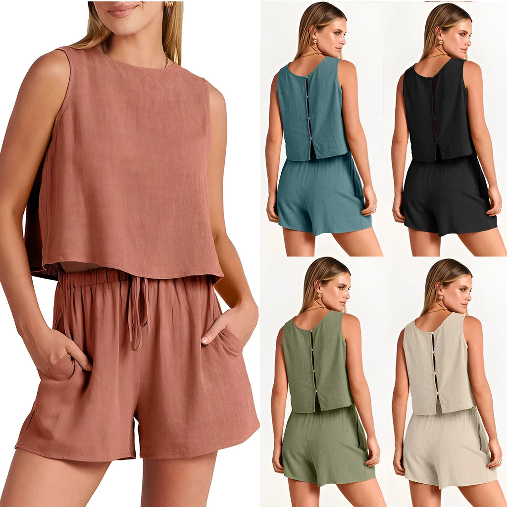 Women's sleeveless top and drawstring shorts summer set in five colour options
