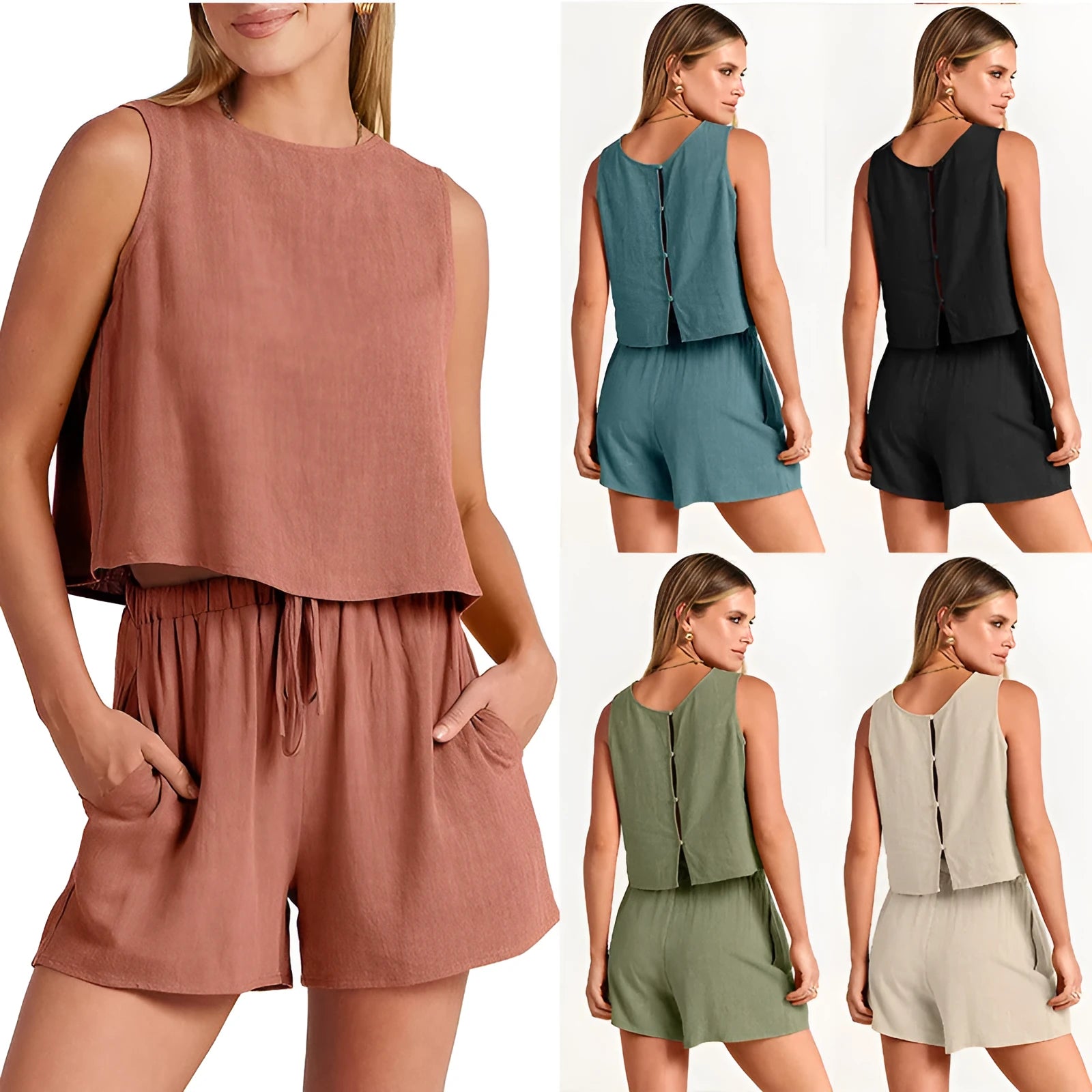 Women's sleeveless top and drawstring shorts summer set in five colour options