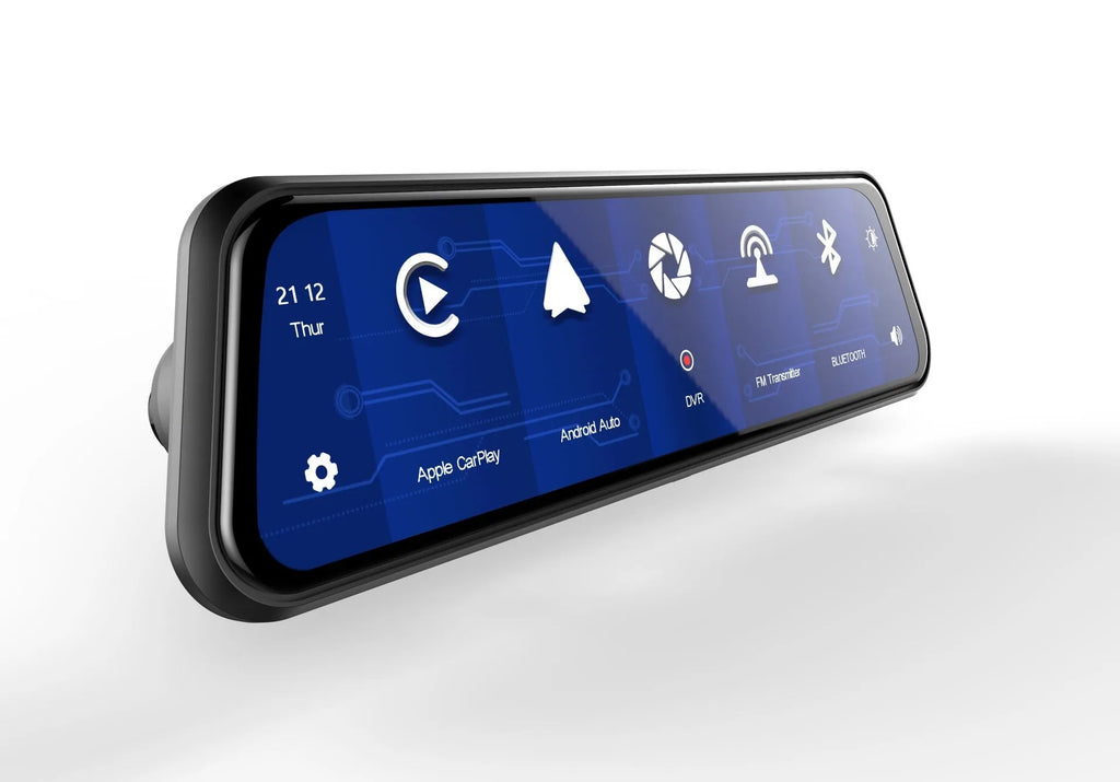 Black dual-lens driving recorder with a large touch screen mounted on a car windscreen.