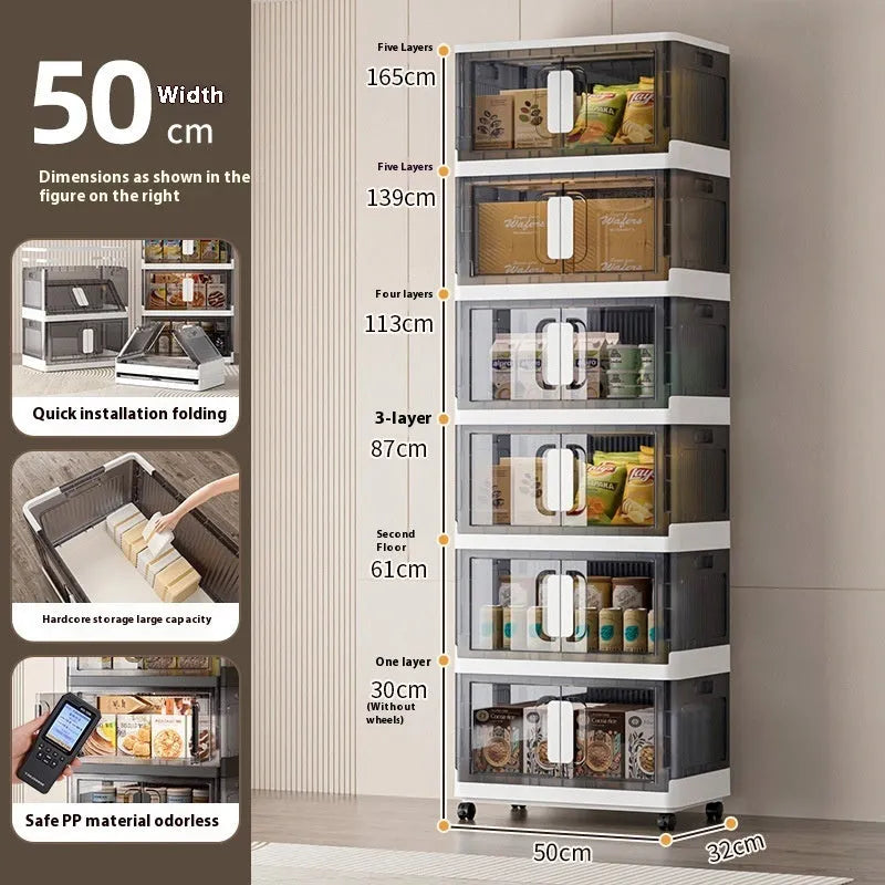 Foldable white storage locker with wheels showing multiple tiers for household organisation