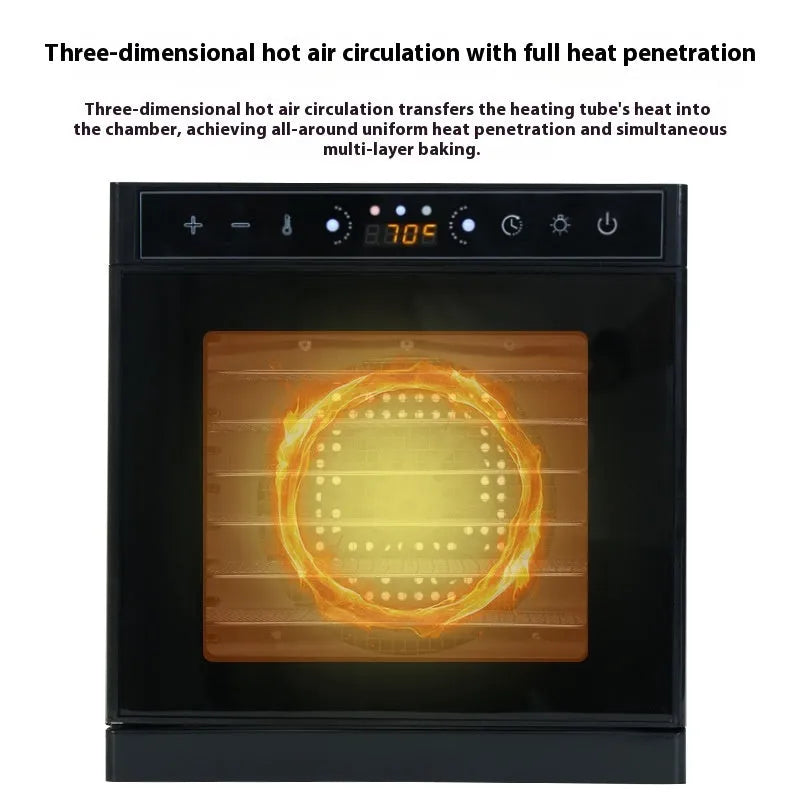 Stainless steel food dehydrator machine with multiple stacking trays and an LED control panel.