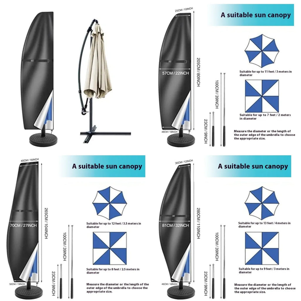 Black Oxford cloth cover for banana-shaped outdoor umbrella showing simple design