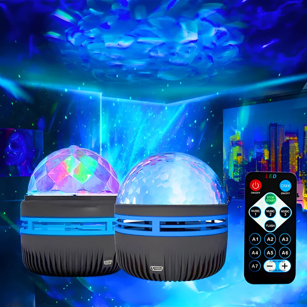 Compact LED galaxy projector night light with removable acrylic shade on a bedside table.