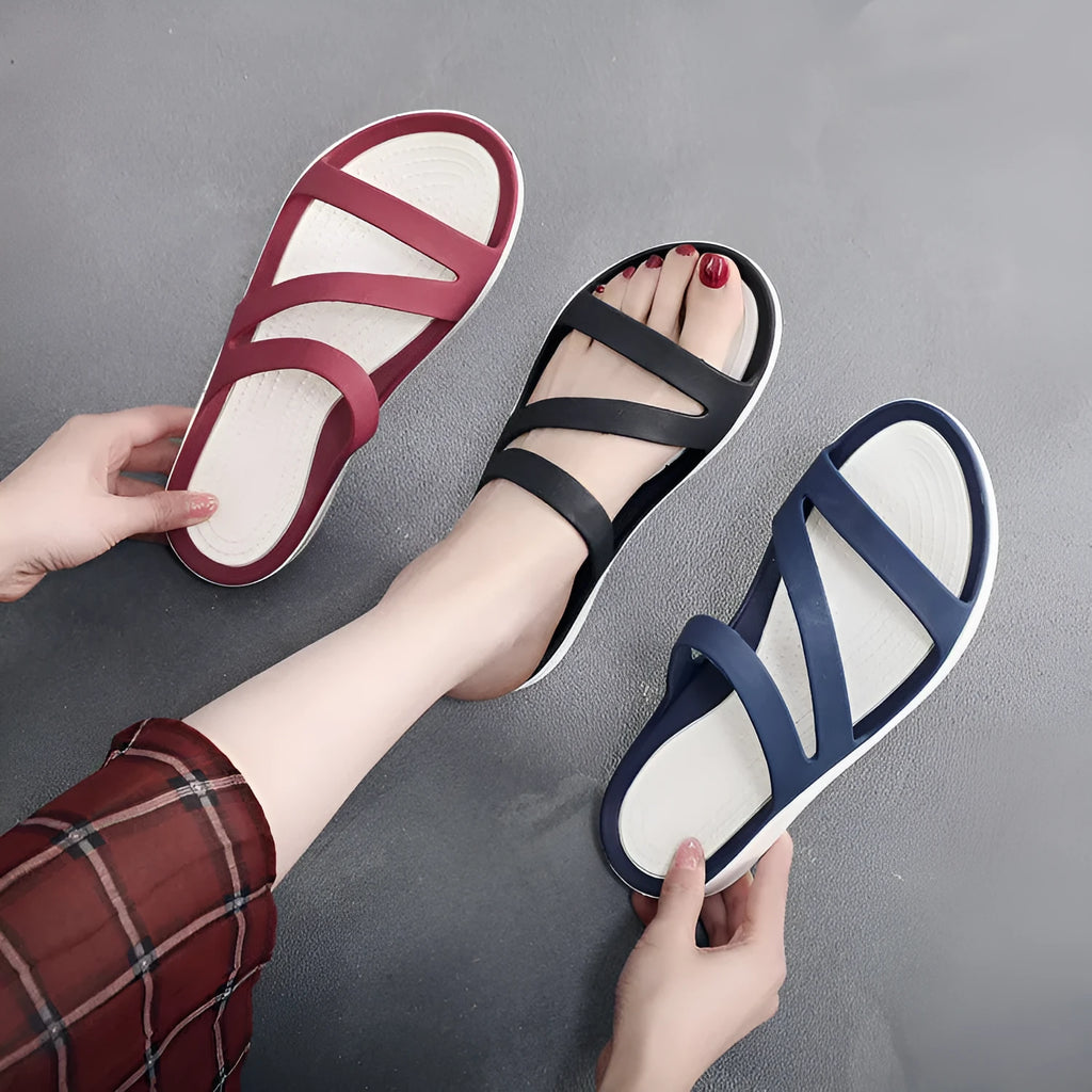 Women's solid-colour casual sandals with a breathable PP upper, shown in one of six available colours.
