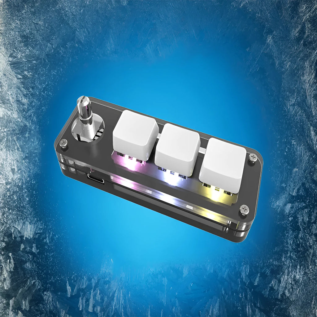 Black custom mechanical keypad with RGB backlight showing copy and paste macro keys