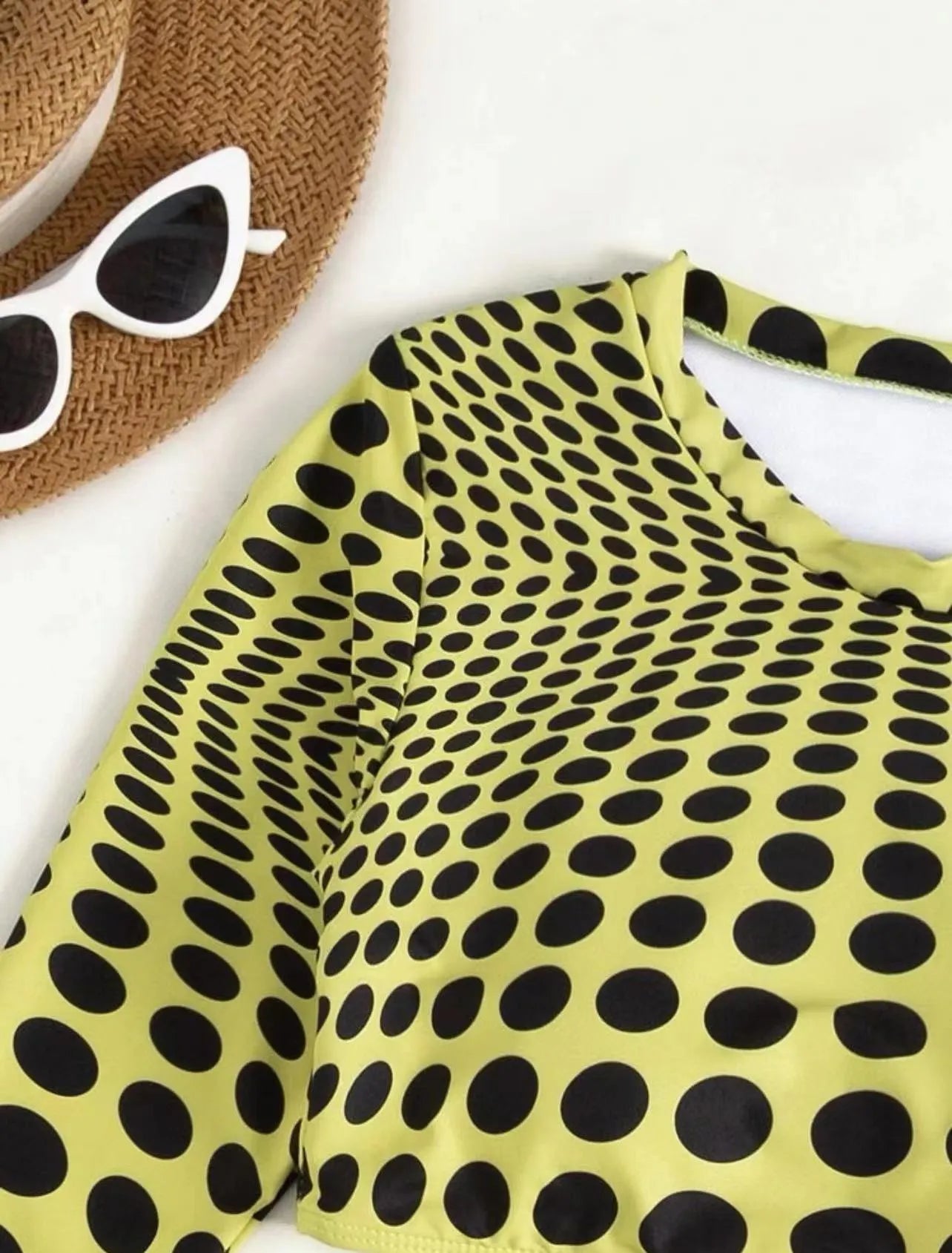 Women's polka dot swimsuit three-piece set in green and yellow with polyester fabric