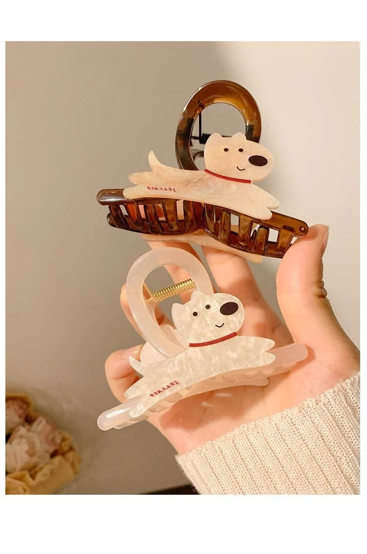 Cute cartoon puppy barrette hair grip in beige with Korean style design, 13cm size
