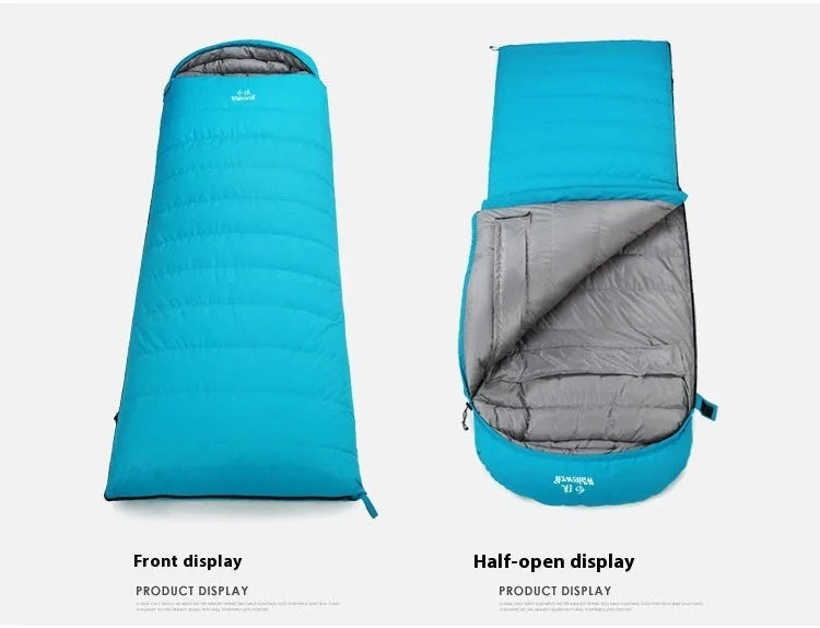 Black adult down sleeping bag with white goose down filling and tear-resistant nylon construction