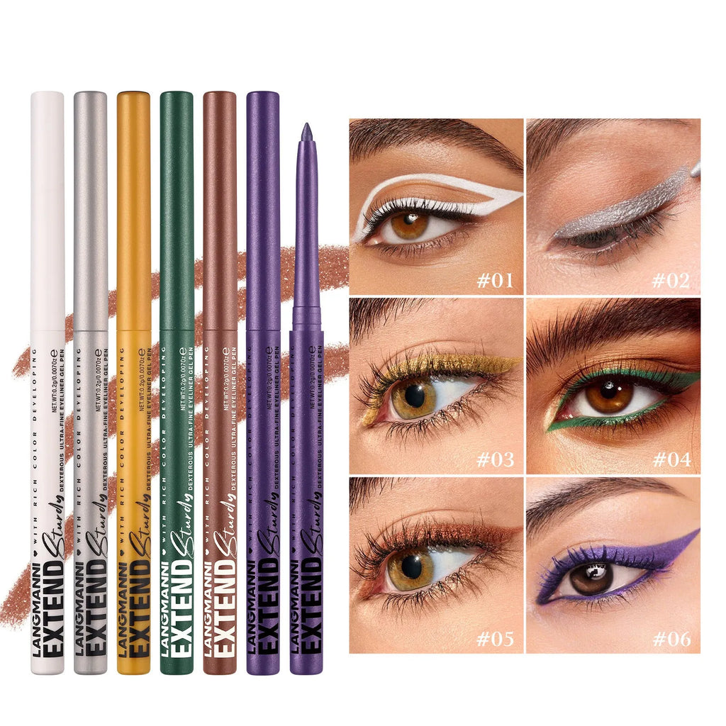 Set of 12 colourful gel glitter eyeliner pencils displayed in a row showing matte, glitter, and metallic shades.