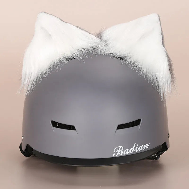 Plush fabric cartoon-themed cover set for an adult motorcycle helmet with a matching hat.
