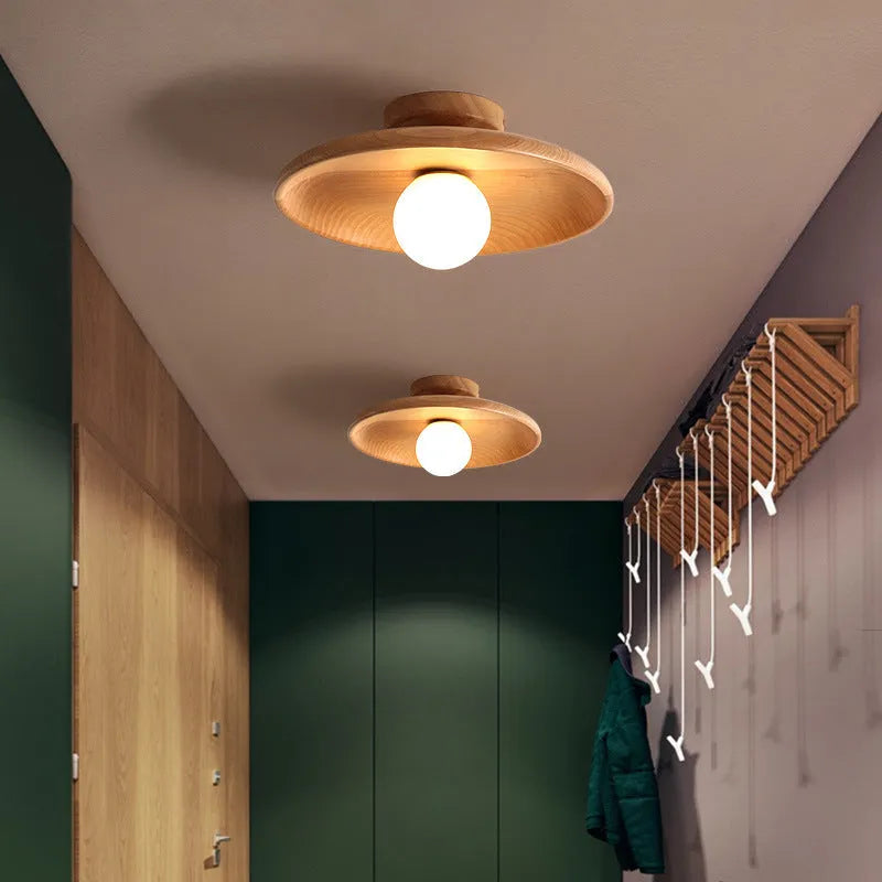 Solid wood and glass modern minimalist ceiling lamp shown in wood and walnut colours