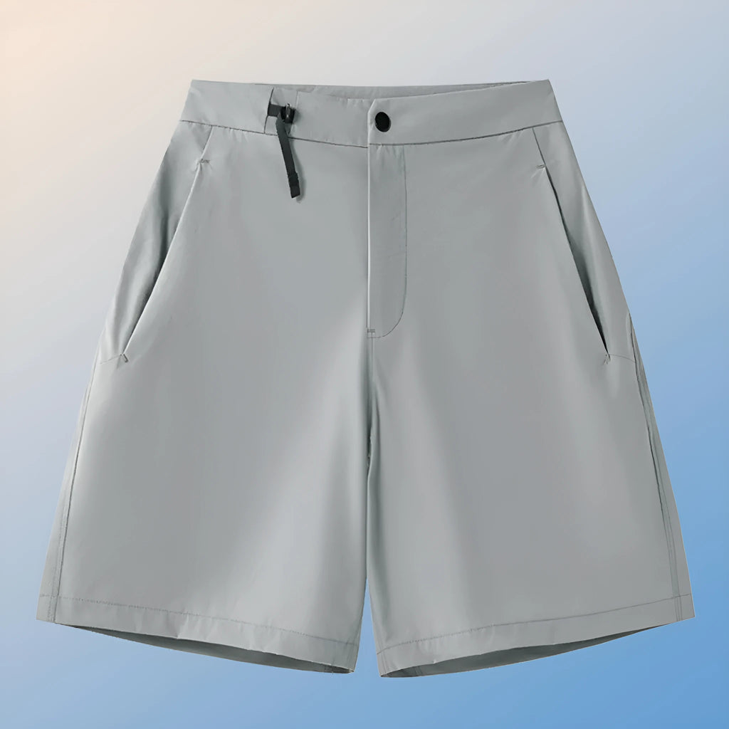 Men's quick-drying sports shorts in khaki colour with elastic waistband.