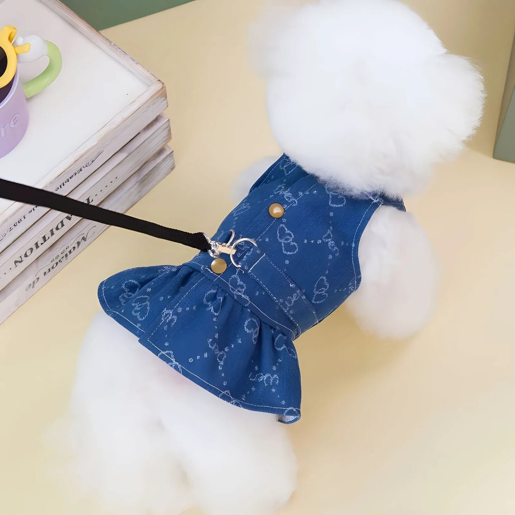 Small dog wearing denim princess dress with bracket skirt design