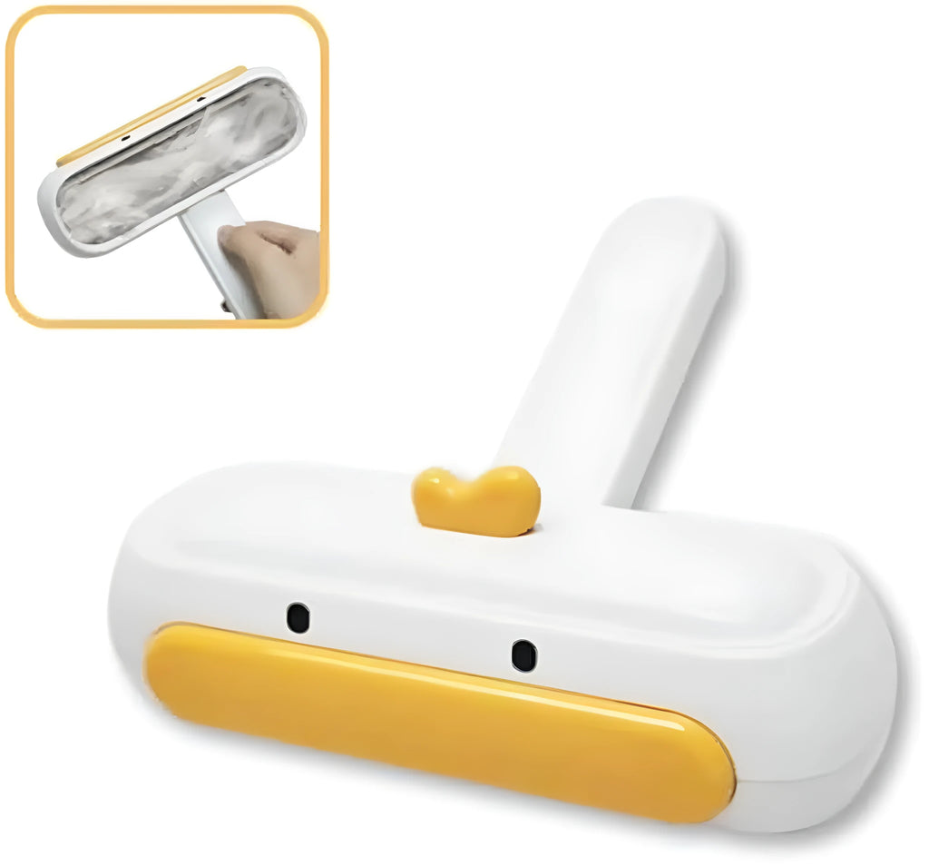 Yellow duck portable pet hair remover with plastic body and bristle brush for removing pet fur