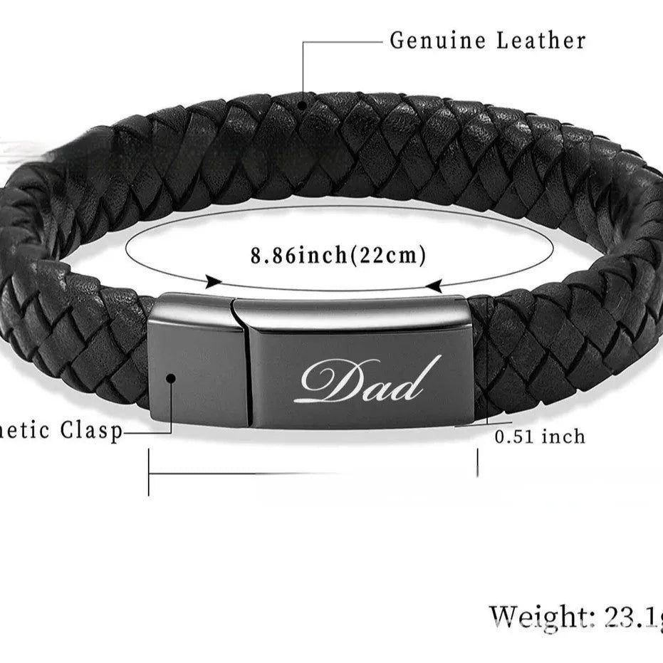 Black stainless steel memorial bracelet with woven leather detailing, showing personalisation engraving area.
