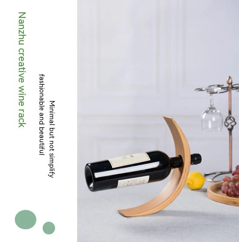 Creative bamboo wine bottle shelf in straight style with walnut wood finish on kitchen countertop