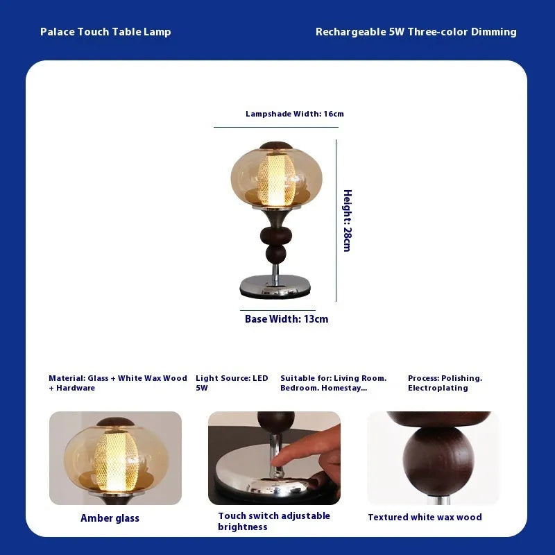 Zhonggu solid wood palace table lamp with touch switch, USB rechargeable, 5W LED, 16x28cm, retro style