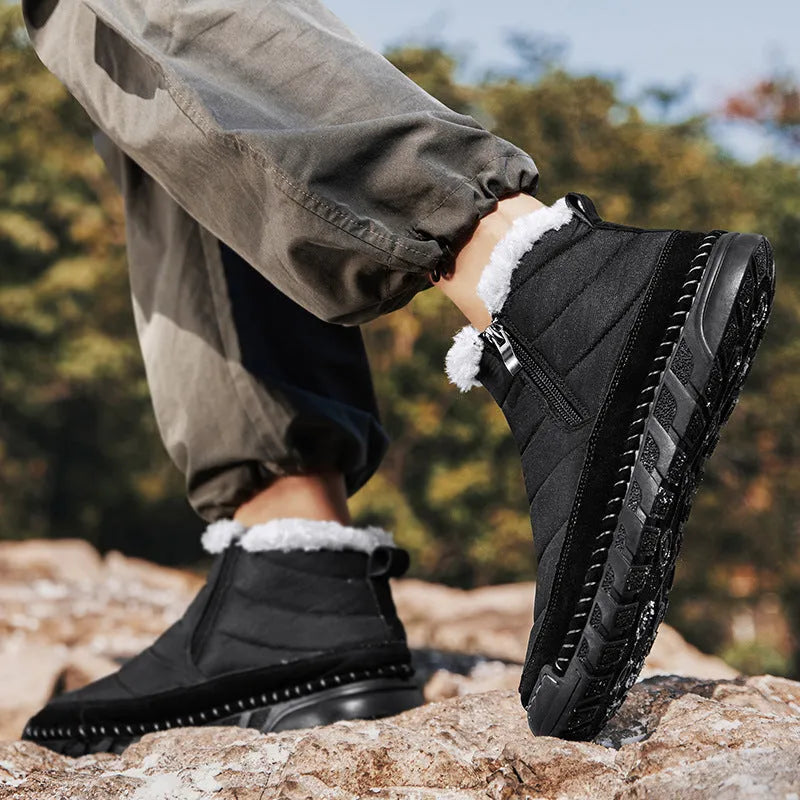 Men's plus size snow boots in black with round toe, cotton cloth upper, and non-slip rubber sole
