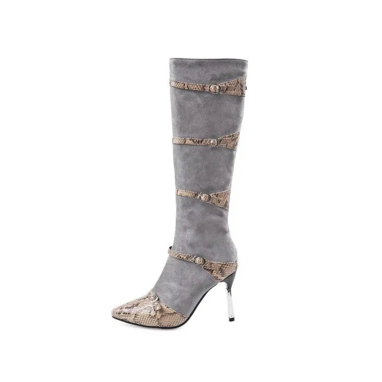 Women's grey and black knee high boots with 9cm thin heels and velvet lining