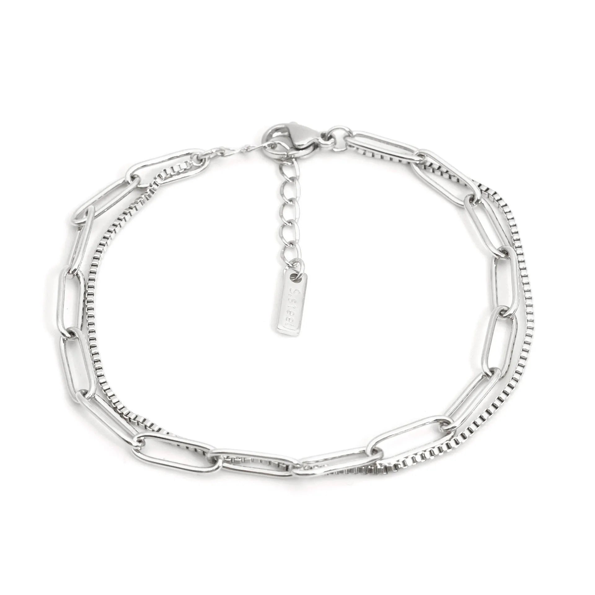 Double layer geometric stainless steel bracelet with linear elements in gold or silver electroplated finish