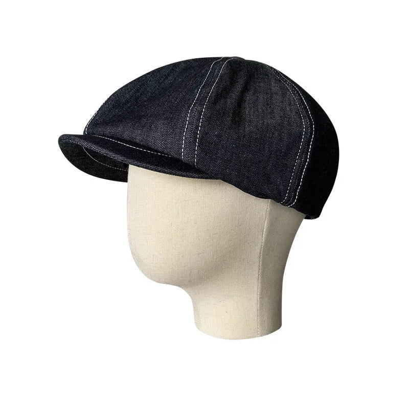 Black Japanese denim fabric six-panel retro beret hat for men and women unisex cotton cap