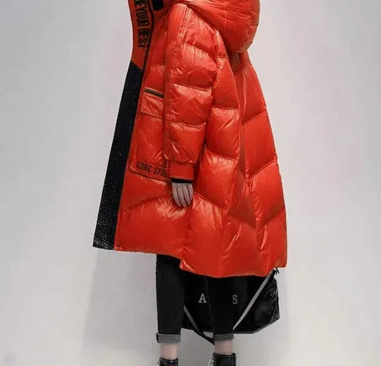 Women's polished black ultra-thin down jacket 100cm mid-length loose fit coat white duck down filling