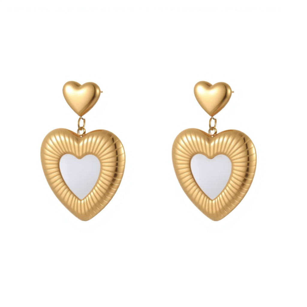 Gold electroplated stainless steel heart earrings with white fritillary pattern