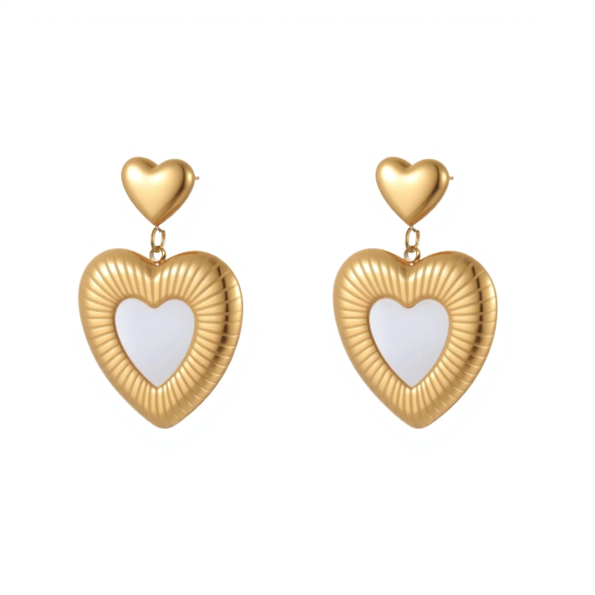 Gold electroplated stainless steel heart earrings with white fritillary pattern
