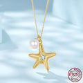 S925 sterling silver gold plated starfish and pearl pendant necklace with adjustable chain 41-50cm