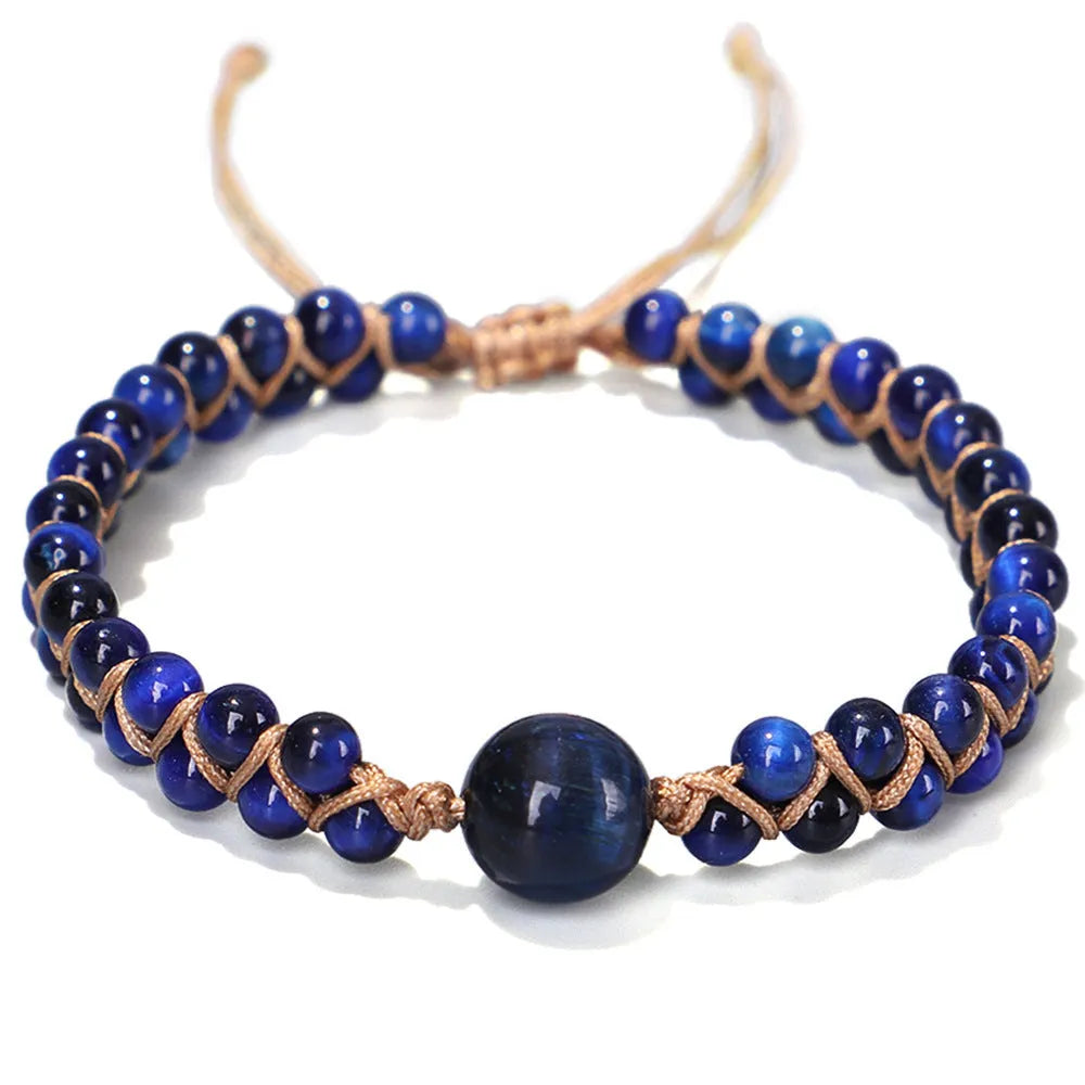 Handmade woven geometric bracelet with adjustable sliding knot and natural stone option