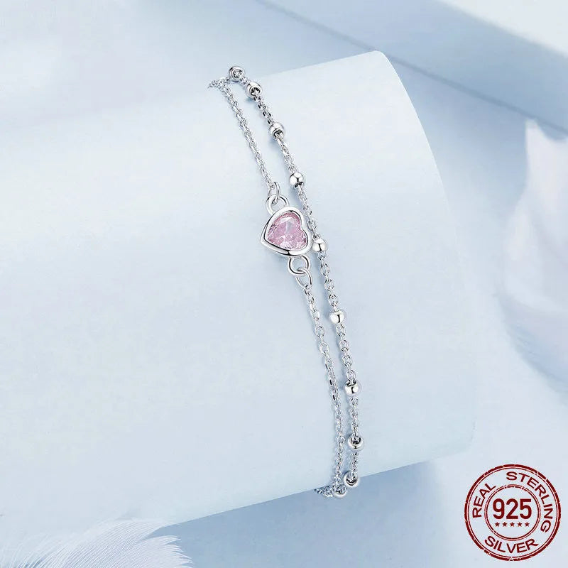 925 sterling silver bracelet with heart pendant and adjustable chain for women