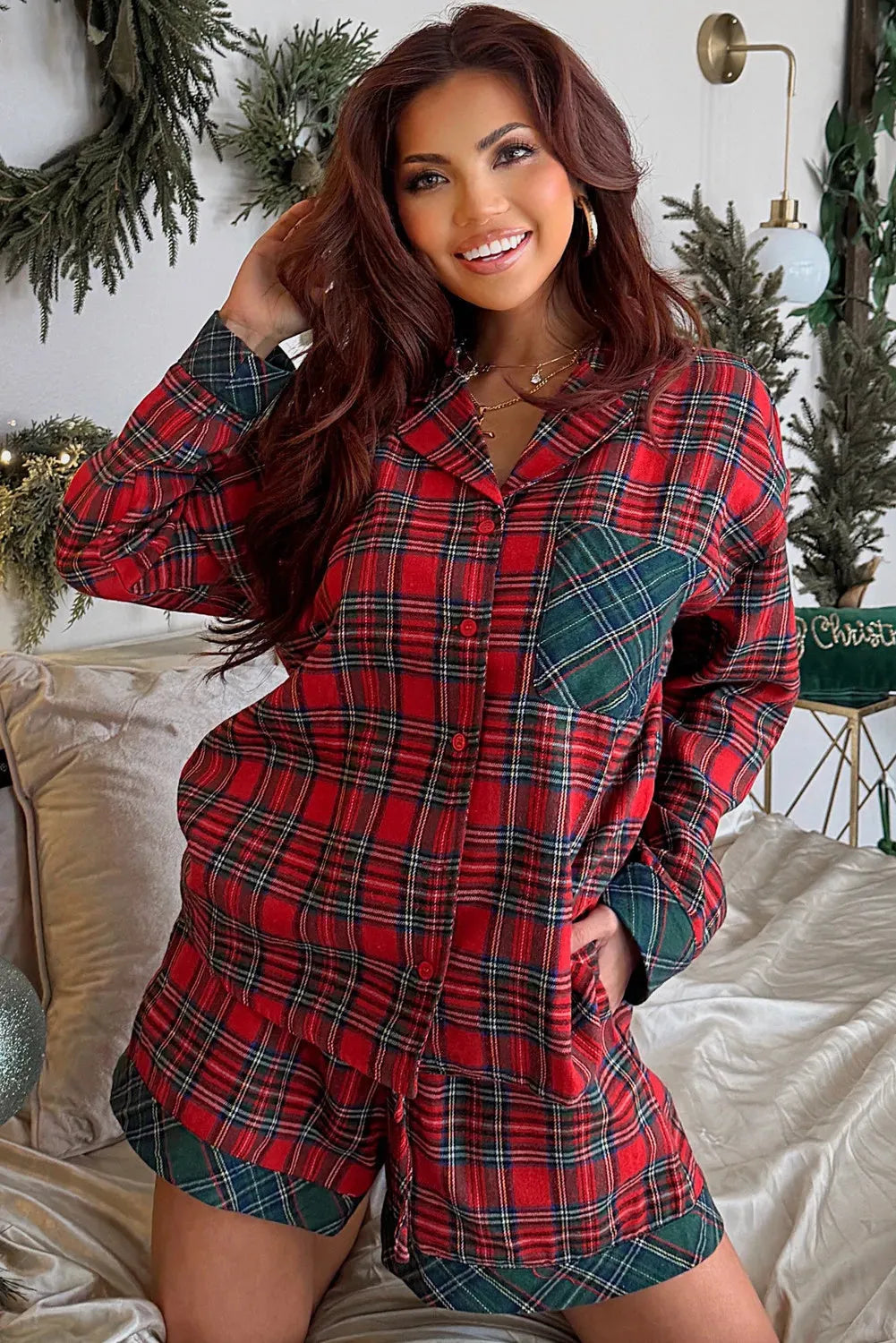Red plaid Christmas pyjama set with contrast patches, includes shirt and shorts