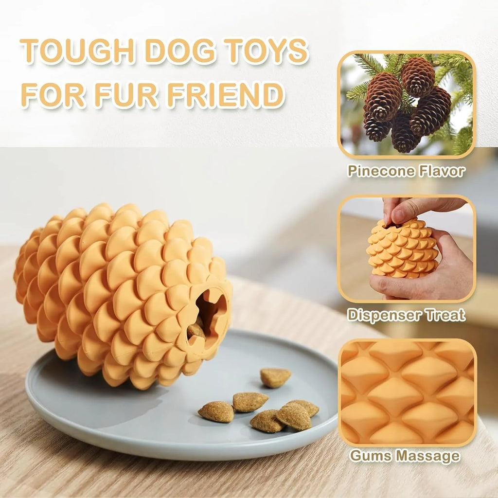Yellow pine cone shaped dog chew toy with textures and a treat dispenser hole.