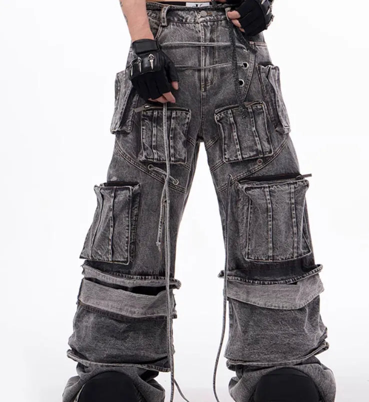 Grey distressed denim mop pants with rope stitching, American-style overalls, front view