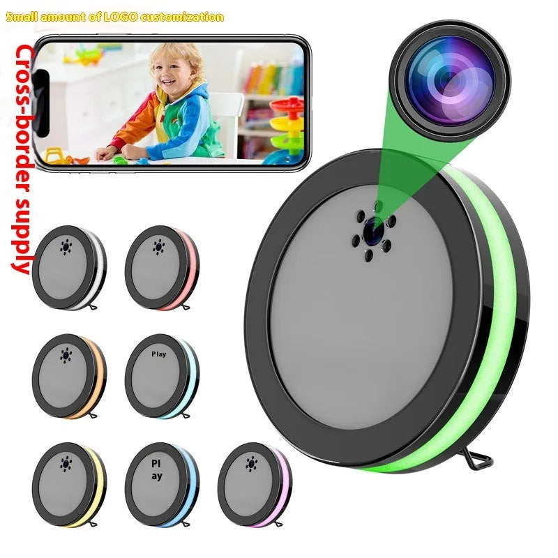 Wireless smart surveillance camera in black with night vision and voice conversation, compact size 15 by 15 by 4 cm