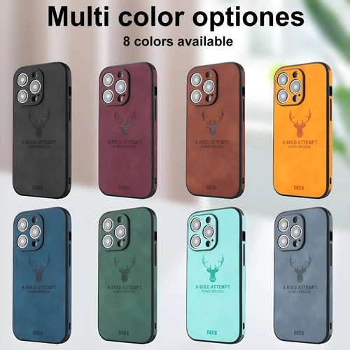 Magnetic charging moose head imitatin leather phone case for iPhone 16, black colour, embossed design