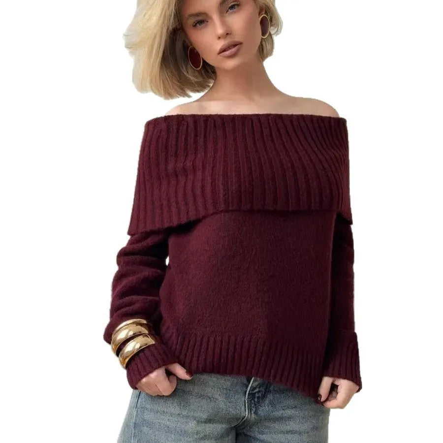 Grey off-the-shoulder strapless sweater with a 3D pattern, shown as a pullover.