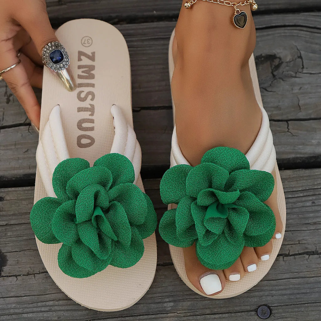 Plus size flower solid colour PU slippers in beige with open round toe, side view
