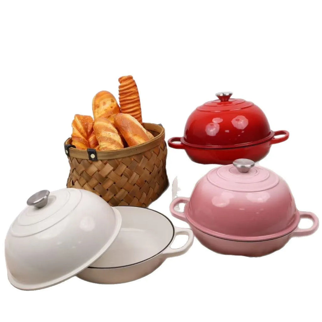 Enamel cast iron bread pot in black with white interior, 24cm size, for toasting bread and frying meat
