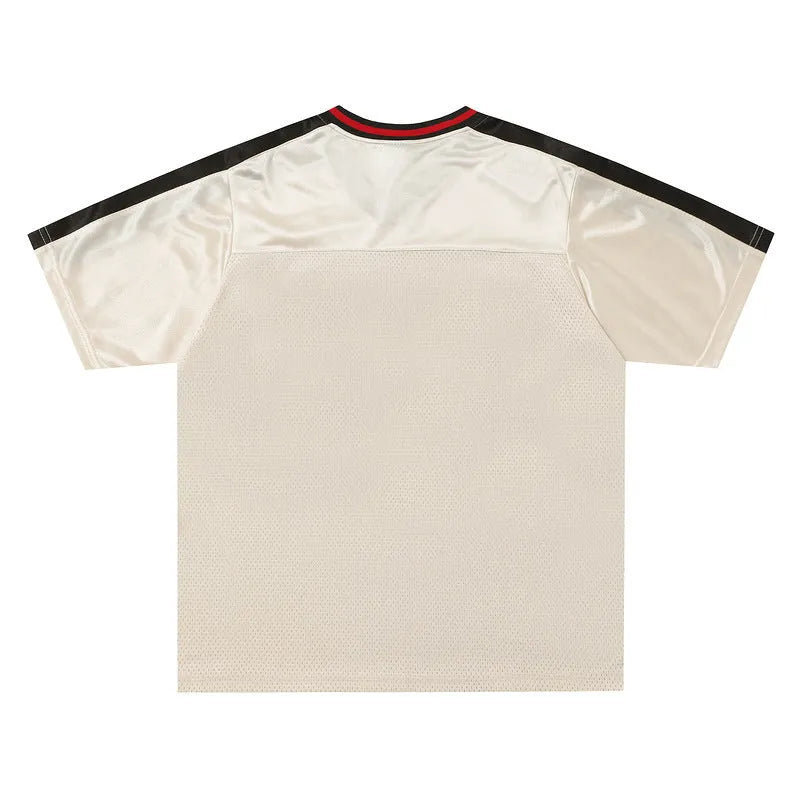 Apricot loose-fit V-neck sports jersey with letter pattern and drop-shoulder sleeves