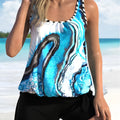Blue tie-dye floral pattern women's swimsuit with matching top and shorts in plus sizes