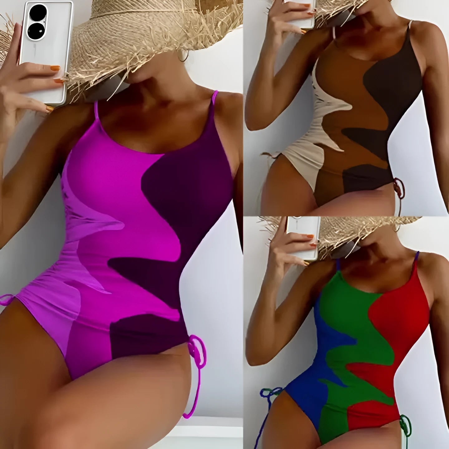 Women's sleeveless backless one-piece swimsuit in nylon spandex fabric available in blue, purple, brown, green colours