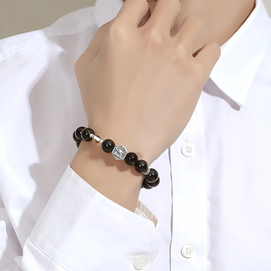 Men's retro S925 sterling silver bracelet with God's Eye obsidian inlay, geometric design, 8mm width, on dark background