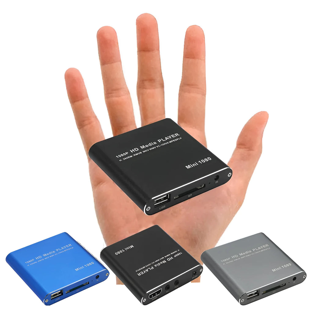 Blue and black 1080P Full HD media player with HDMI port, compact all-metal design.