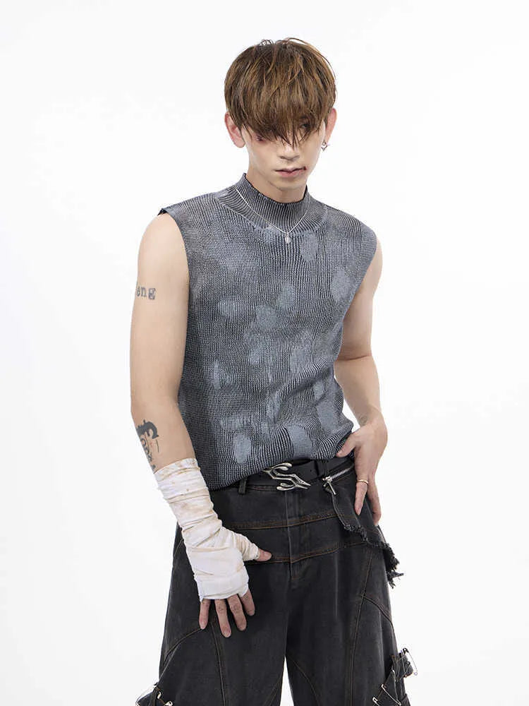 Men's black stretch sleeveless turtleneck with silver pastebrushing texture, stand collar, pullover style