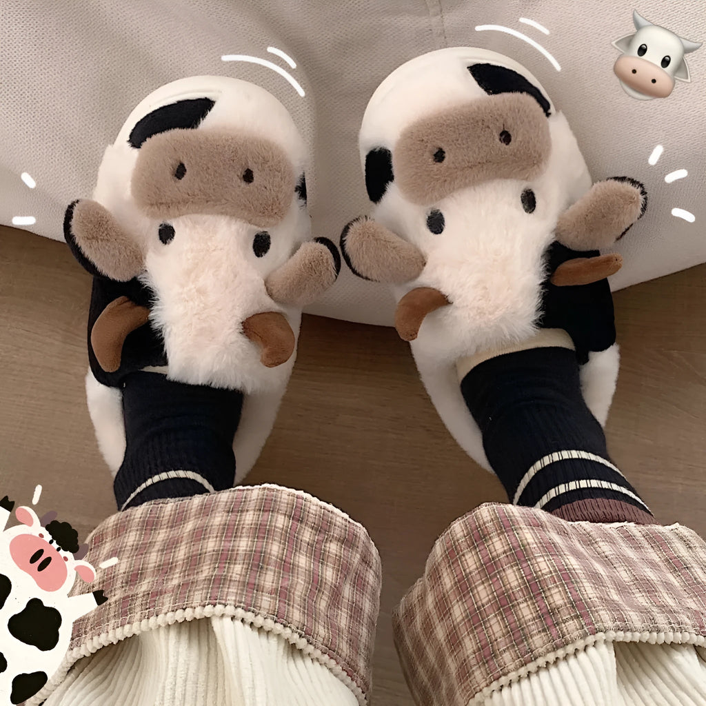 White cow print plush slippers for women with non-slip textured soles