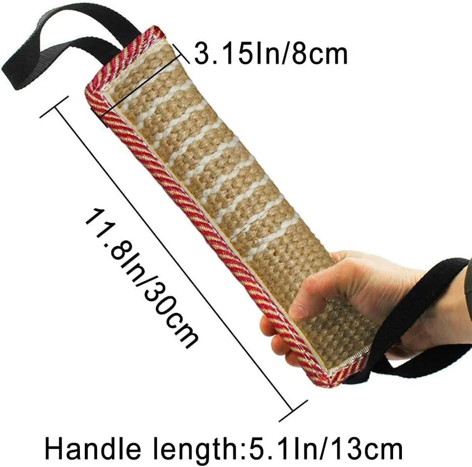 Beige jute dog tug toy with two fabric handles for interactive play