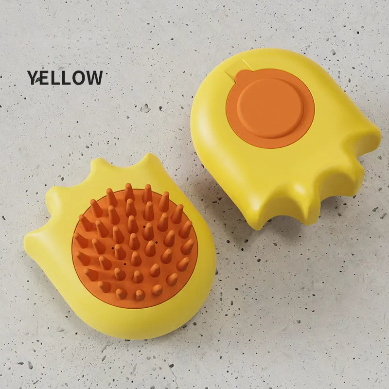 Blue plastic pet bath brush with built-in shampoo box and comb head